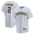 Trusc M.Brewers #2 Brice Turang Player White Stripes Home Game Stitched Jerseys