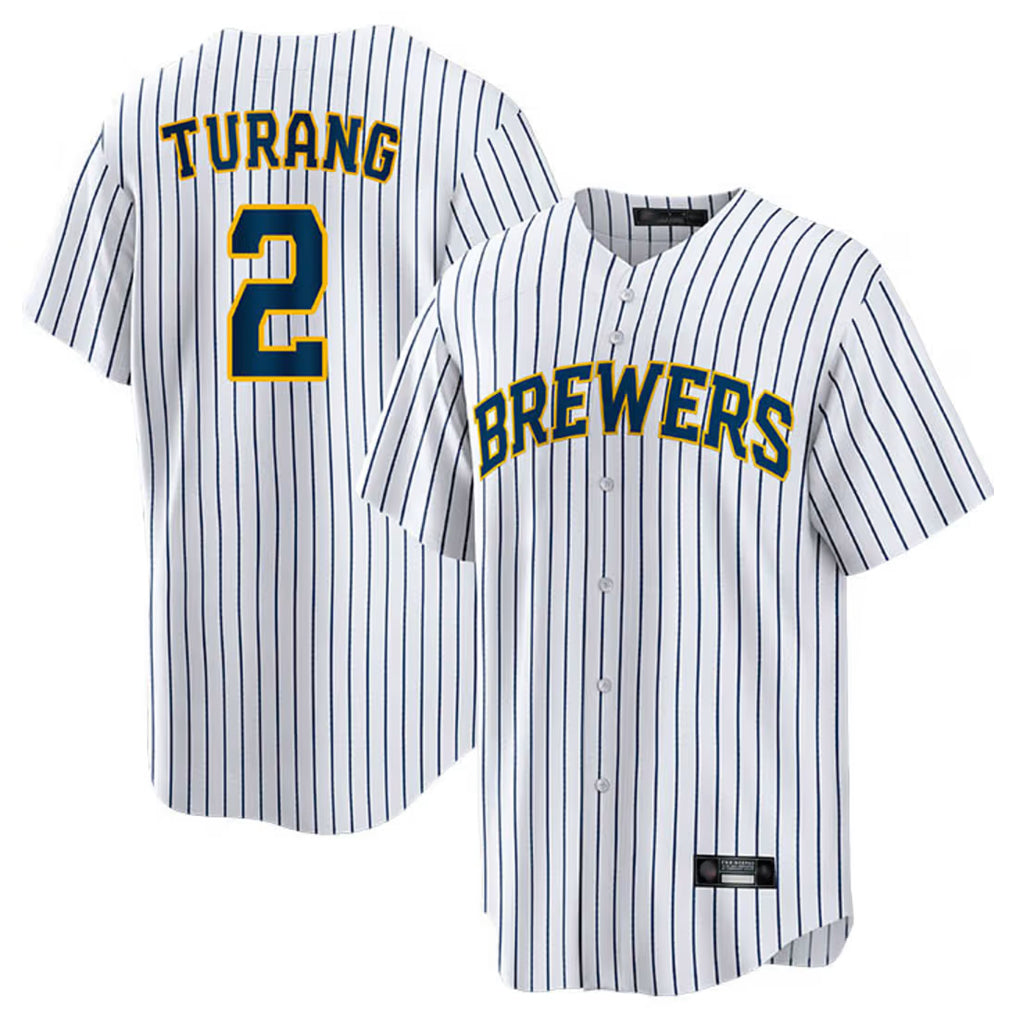 Trusc M.Brewers #2 Brice Turang Player White Stripes Home Game Stitched Jerseys