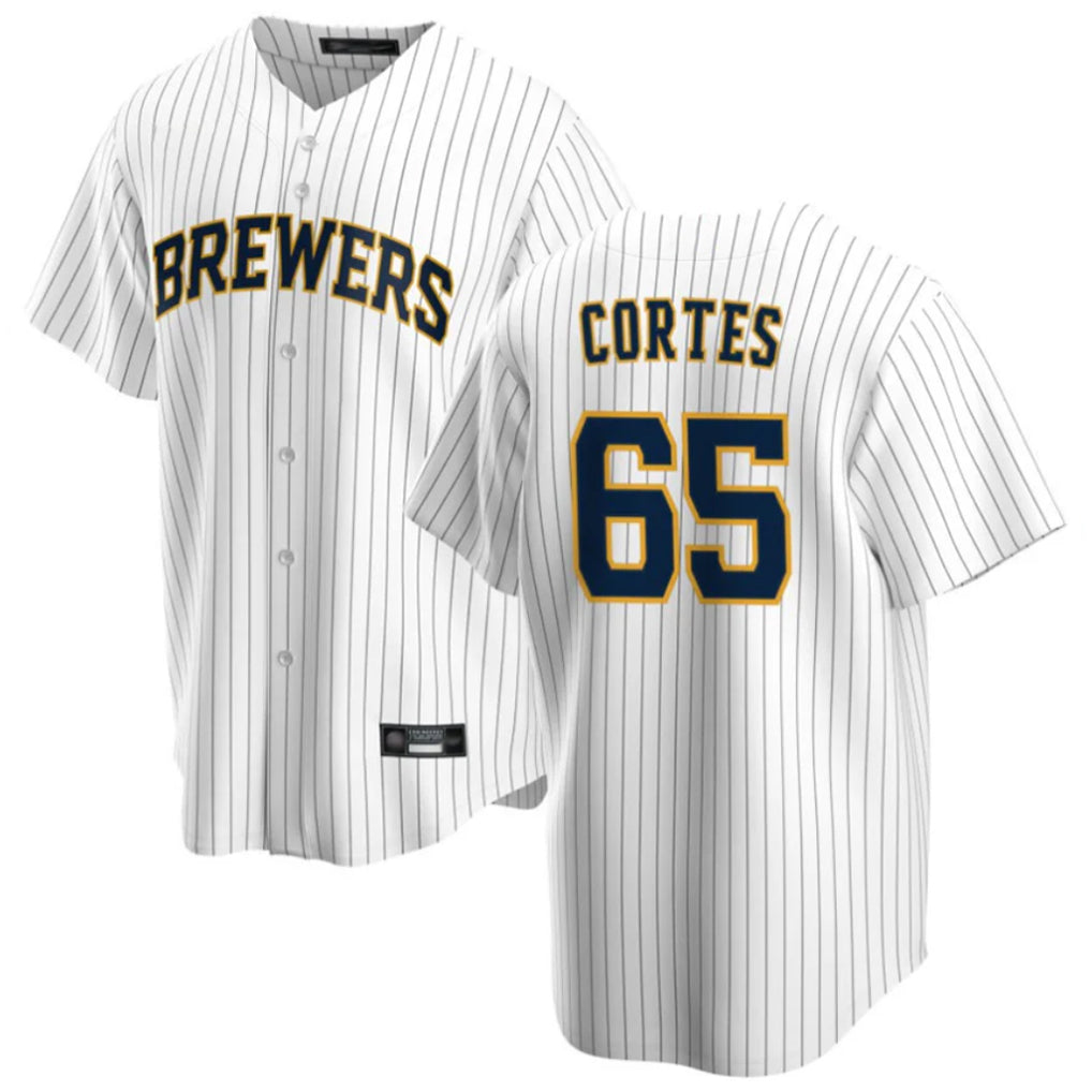Trusc M.Brewers #65 Nestor Cortes Player White Stripes Home Game Stitched Jerseys