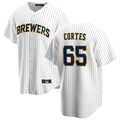 Trusc M.Brewers #65 Nestor Cortes Player White Stripes Home Game Stitched Jerseys