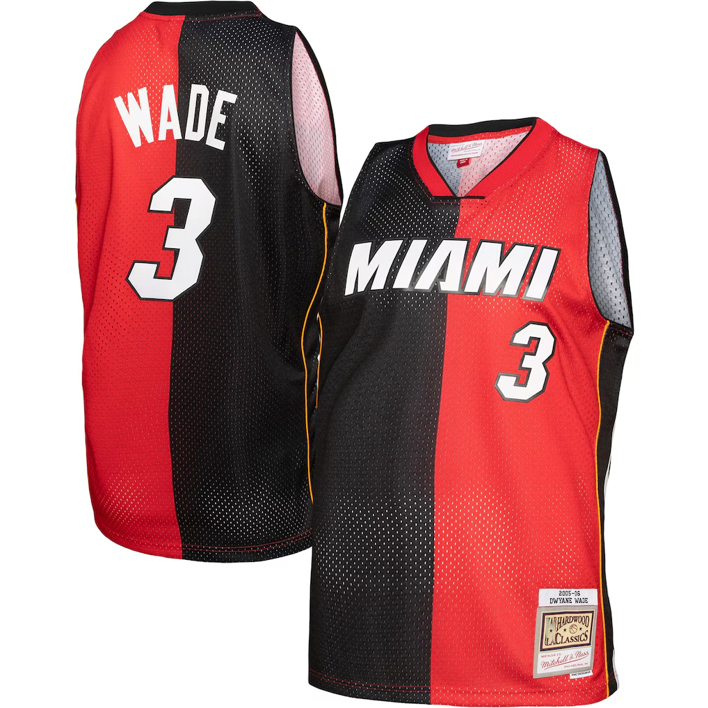 Trusc M.Heat #3 Dwayne Wade Mitchell & Ness Black Red Big & Tall Hardwood Classics 2005-06 Split Swingman Jerseys