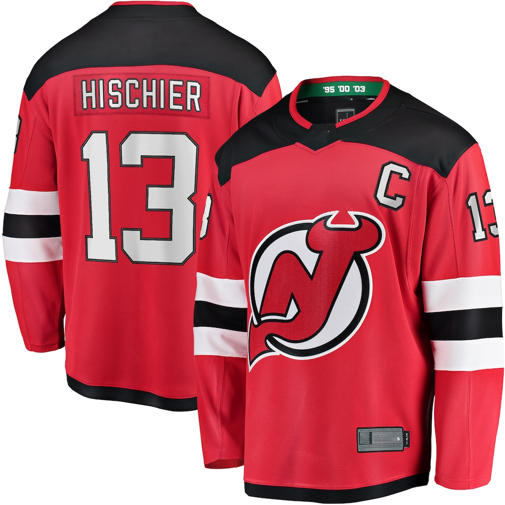 Trusc N.Jersey Devils #13 Nico Hischier Red Captain Patch Home Breakaway Jerseys