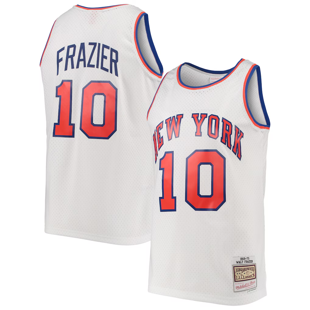 Trusc NY.Knicks #10 Walt Frazier Mitchell & Ness White Hardwood Classics Swingman Jerseys