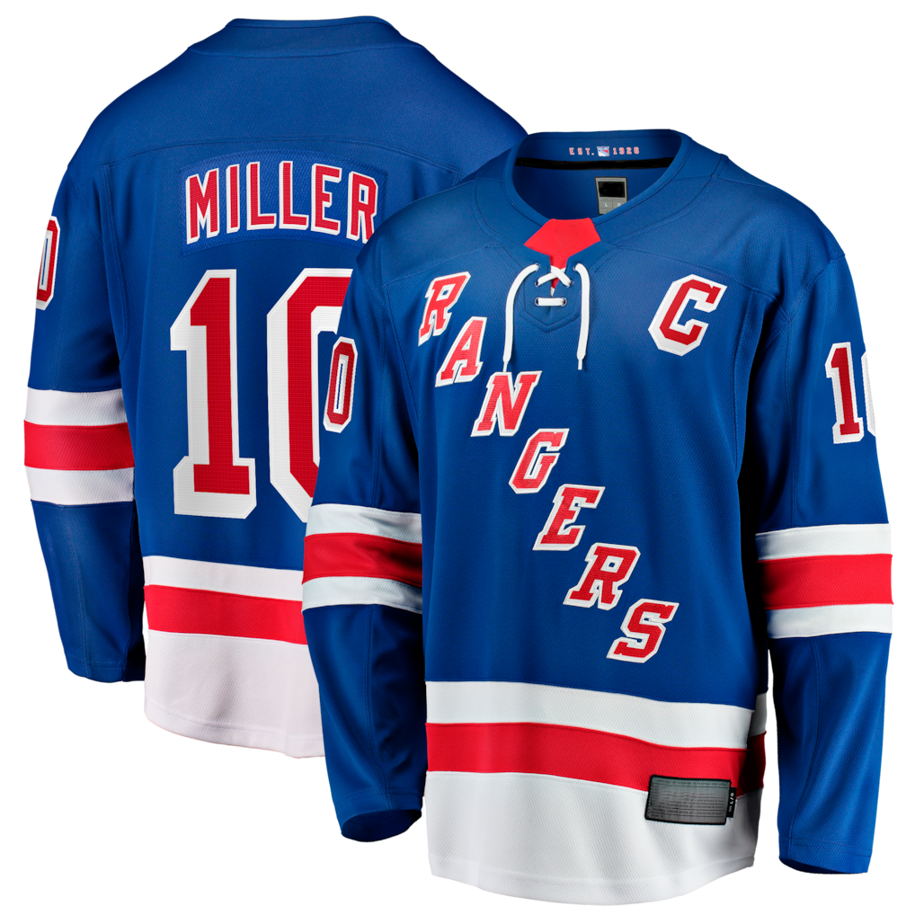 Trusc NY.Rangers #10 JT Miller Blue Home Captain's Patch Breakaway Jerseys