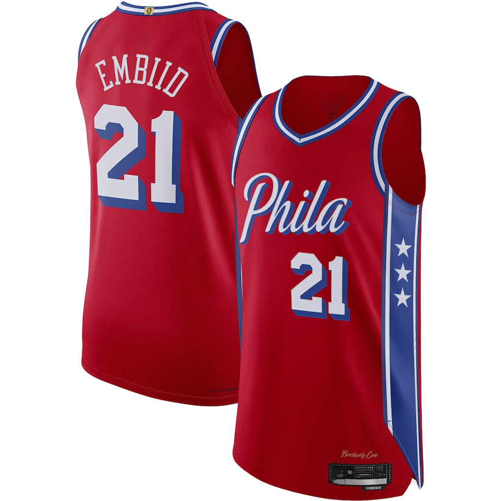 Trusc P.76ers #21 Joel Embiid Jordan Brand Red Authentic Player Jerseys - Statement Edition