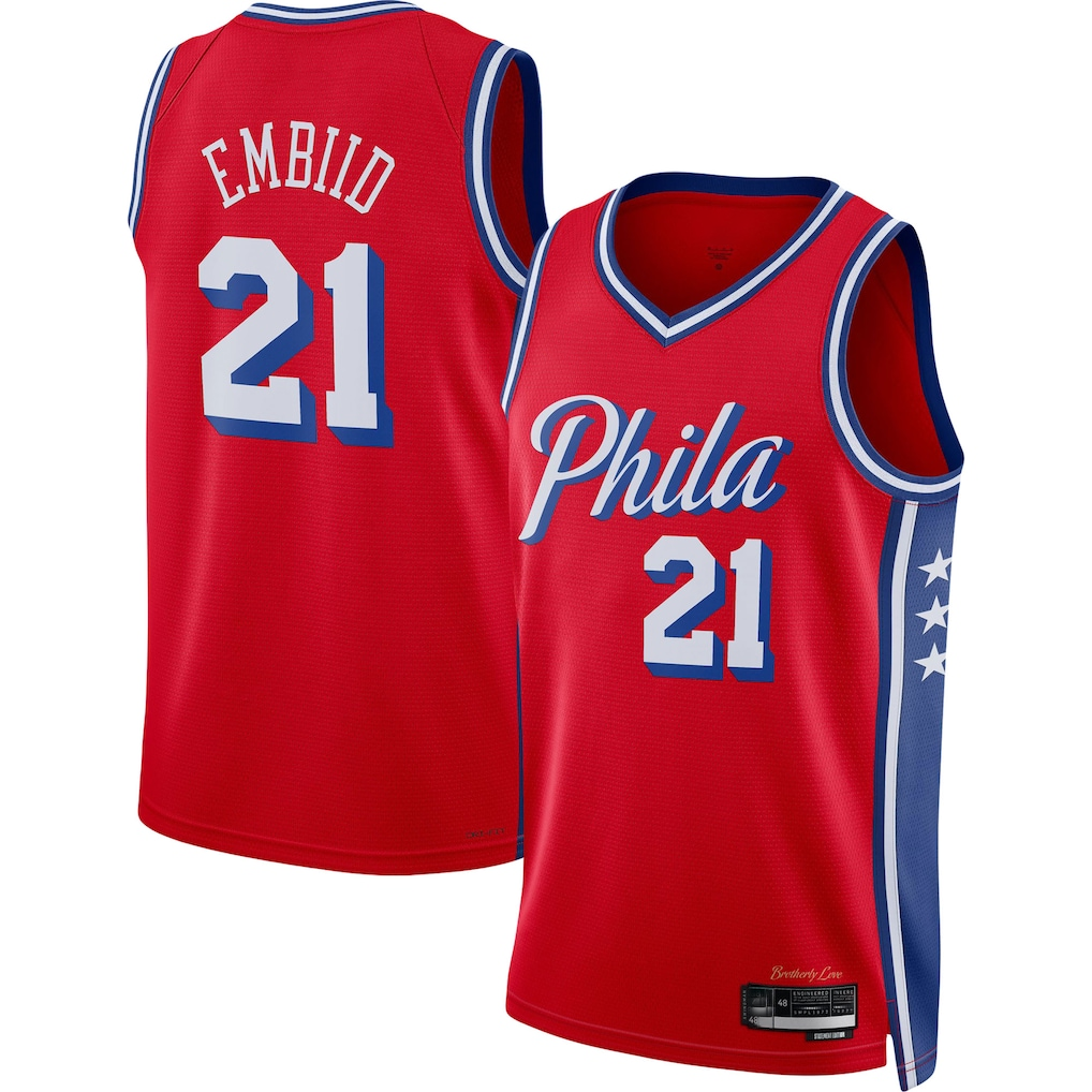 Trusc P.76ers #21 Joel Embiid Jordan Brand Red Swingman Jerseys - Statement Edition
