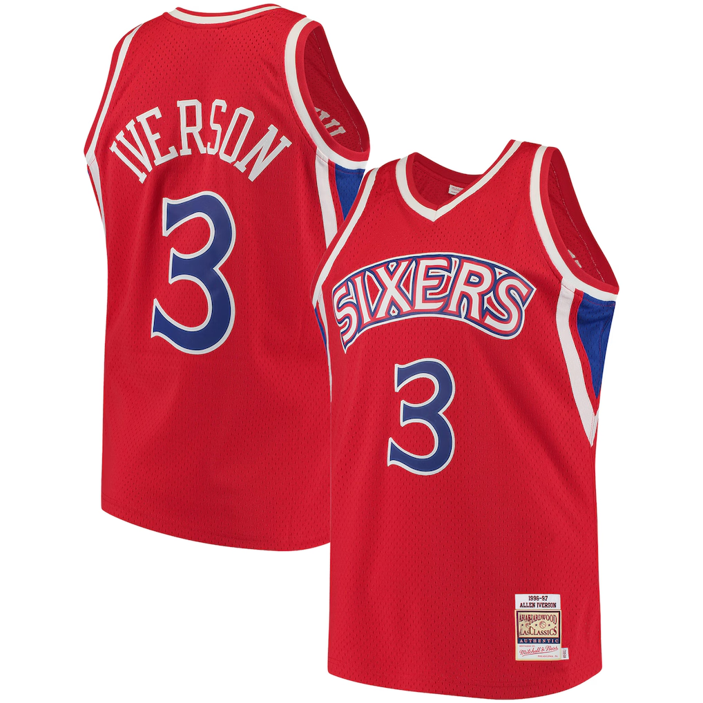 Trusc P.76ers #3 Allen Iverson Mitchell & Ness Red 199697 Hardwood Classics Authentic Jerseys