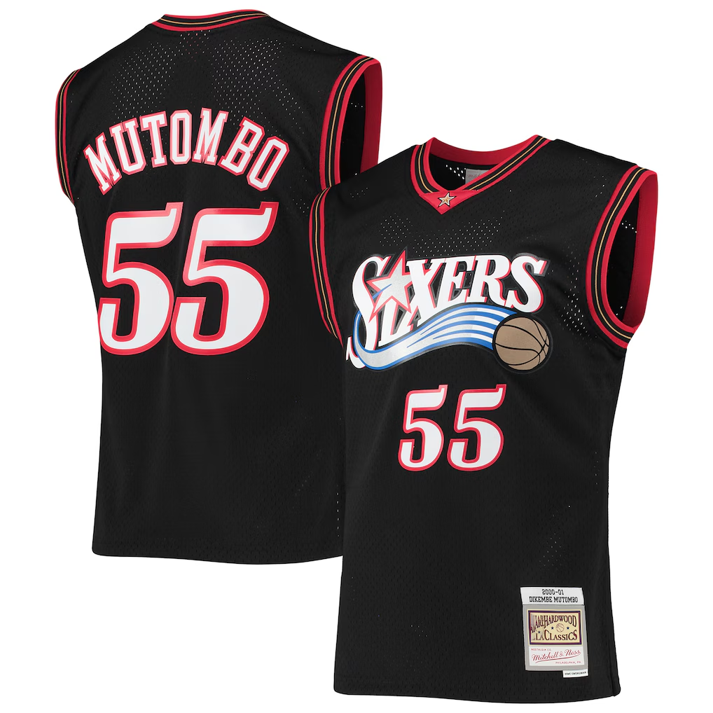 Trusc P.76ers #55 Dikembe Mutombo Mitchell & Ness Black Hardwood Classics Swingman Jerseys