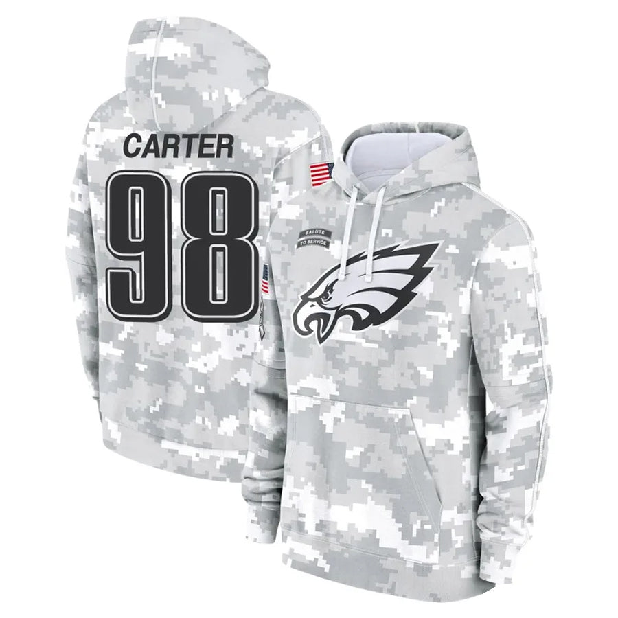 Trusc P.Eagles #98 Jalen Carter Player Military Hoodie Arctic Camo Salute To Service Stitched Jerseys