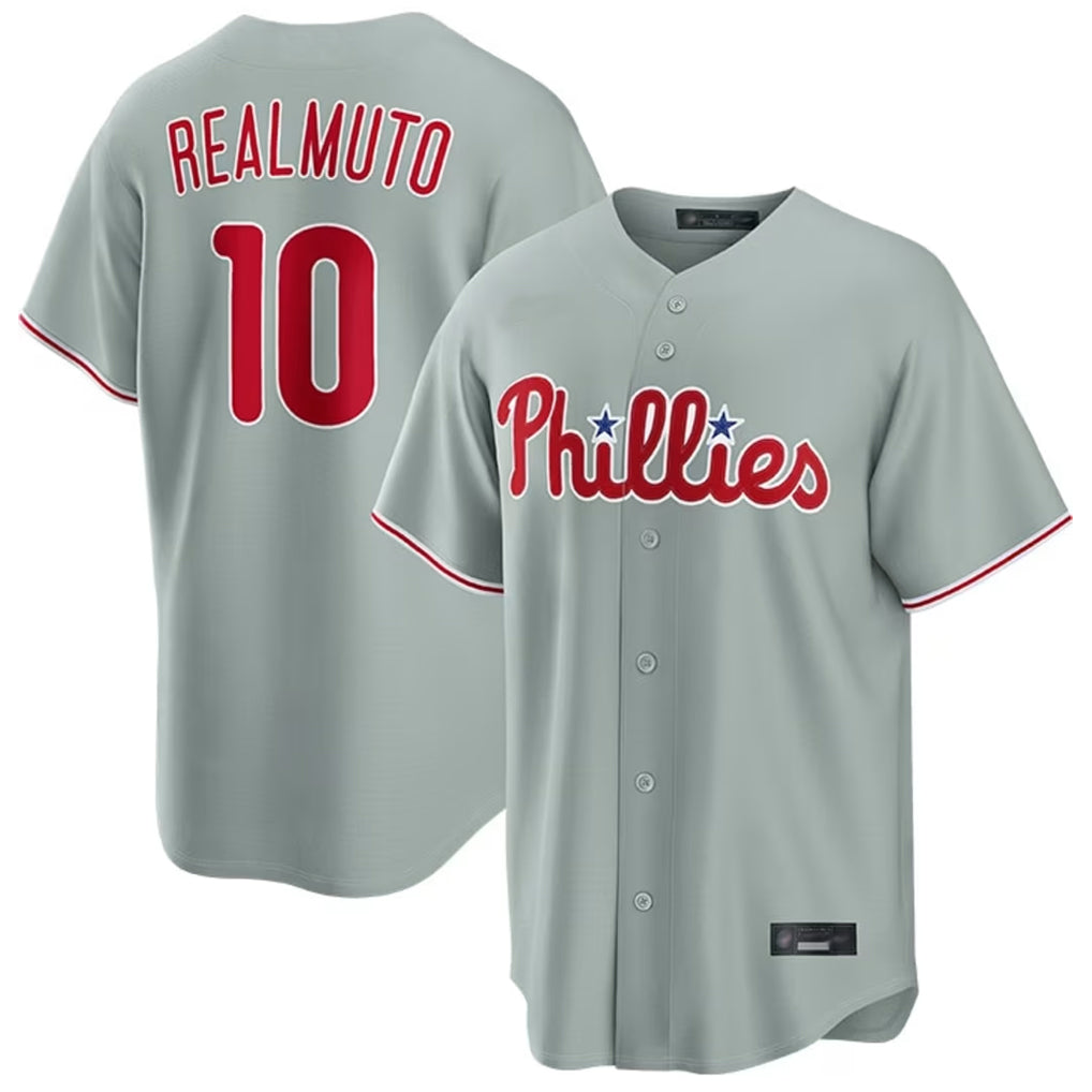 Trusc P.Phillies #10 J.T. Realmuto Player Gray Home Game Stitched Jerseys