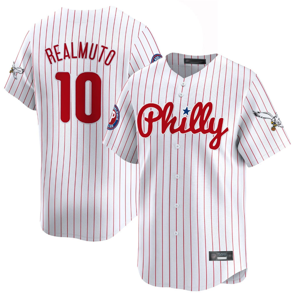 Trusc P.Phillies #10 J.T. Realmuto Player White Pinstripe Phillies & Eagles Vapor Premier Limited Stitched Jerseys