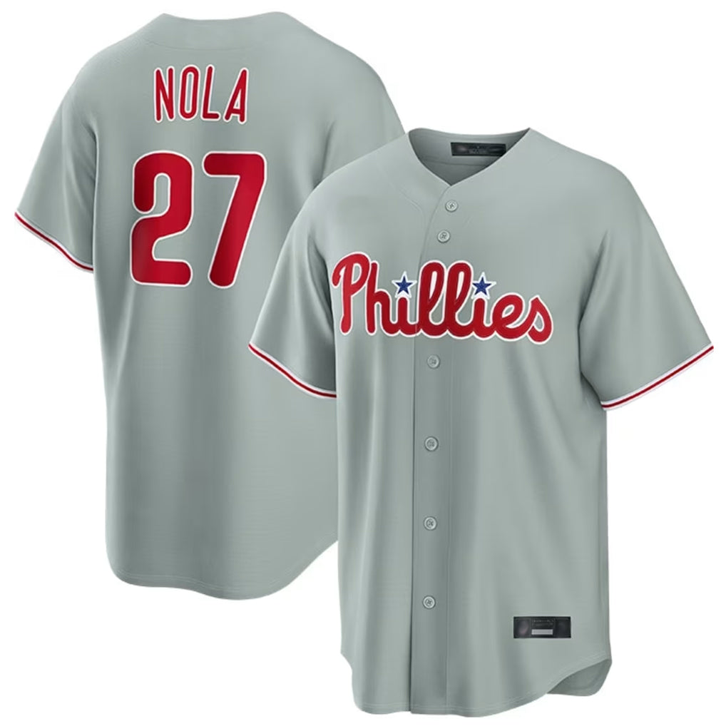 Trusc P.Phillies #27 Aaron Nola Player Gray Home Game Stitched Jerseys