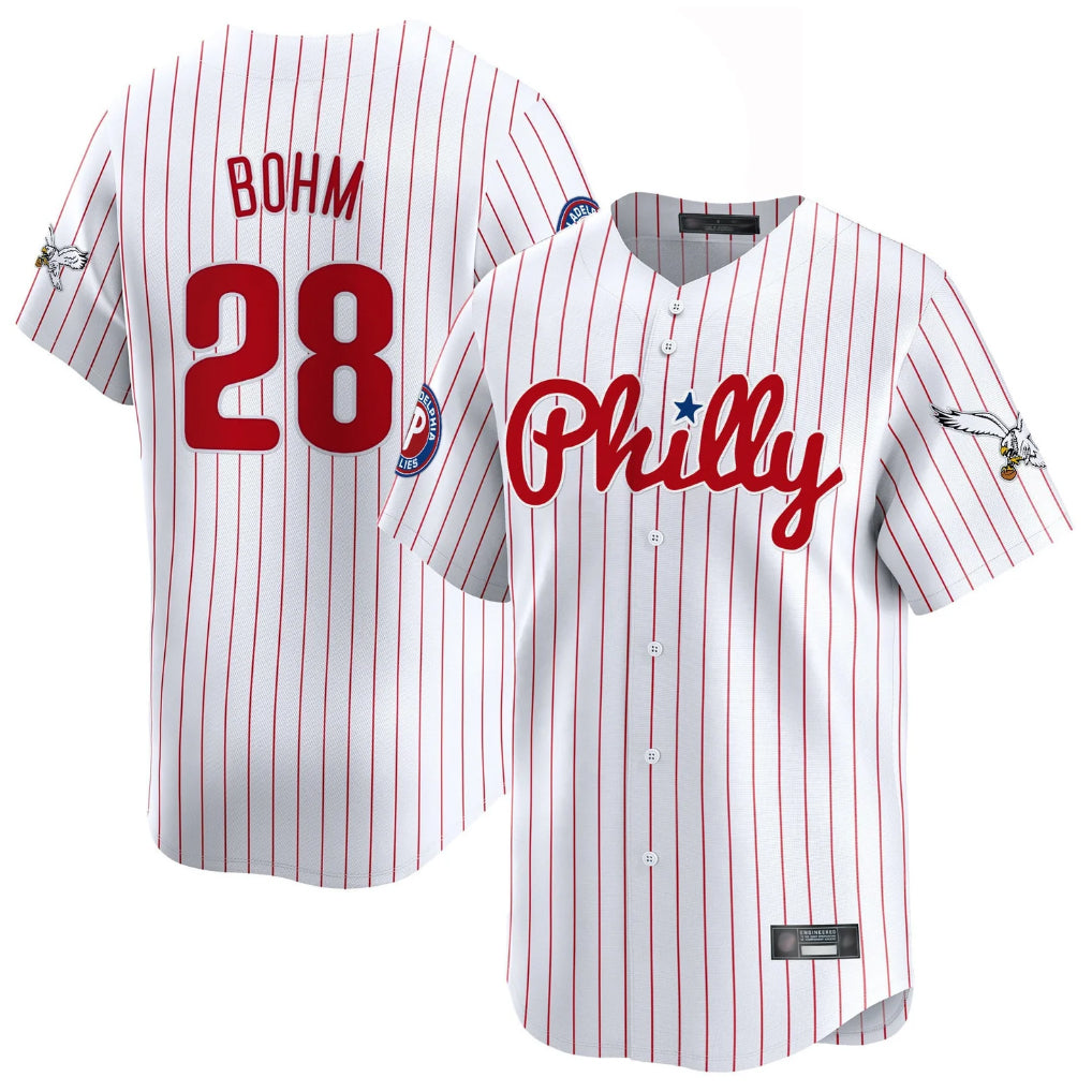 Trusc P.Phillies #28 Alec Bohm Player White Pinstripe Phillies & Eagles Vapor Premier Limited Stitched Jerseys
