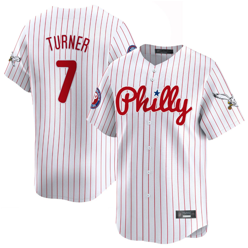 Trusc P.Phillies #7 Trea Turner Player White Pinstripe Phillies & Eagles Vapor Premier Limited Stitched Jerseys