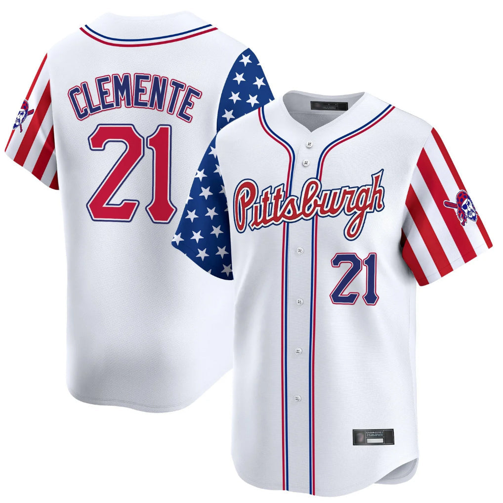 Trusc P.Pirates #21 Roberto Clemente Player White 2025 Independence Day Vapor Premier Limited Stitched Jerseys