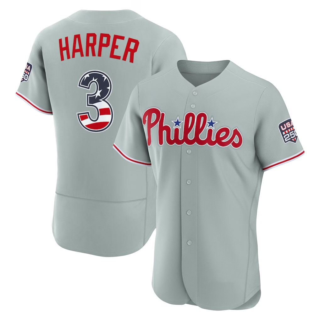 Trusc PH.Phillies #3 Bryce Harper Gray USA 250 Fourth of July Road Authentic Jersey