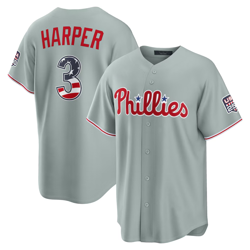 Trusc PH.Phillies #3 Bryce Harper Gray USA 250 Fourth of July Road Stadium Jersey