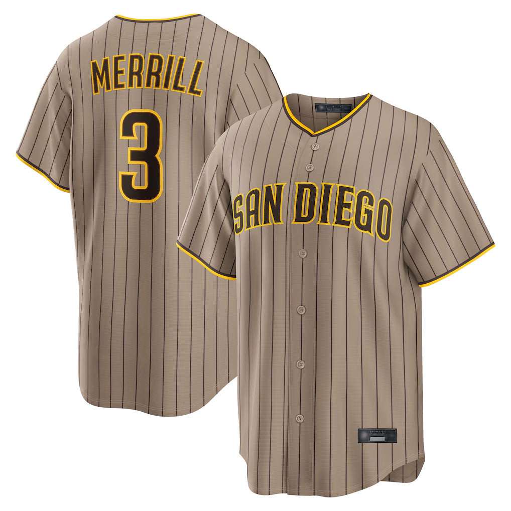 Trusc S.Diego Padres #3 Jackson Merrill Player Khaki Home Game Stitched Jerseys