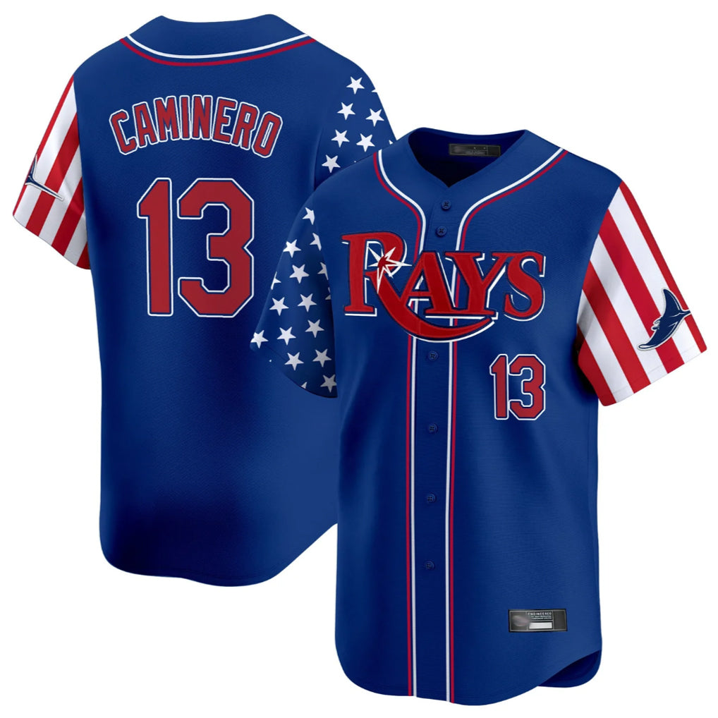 Trusc TB.Rays #13 Junior Caminero Player Royal 2025 Independence Day Vapor Premier Limited Stitched Jerseys