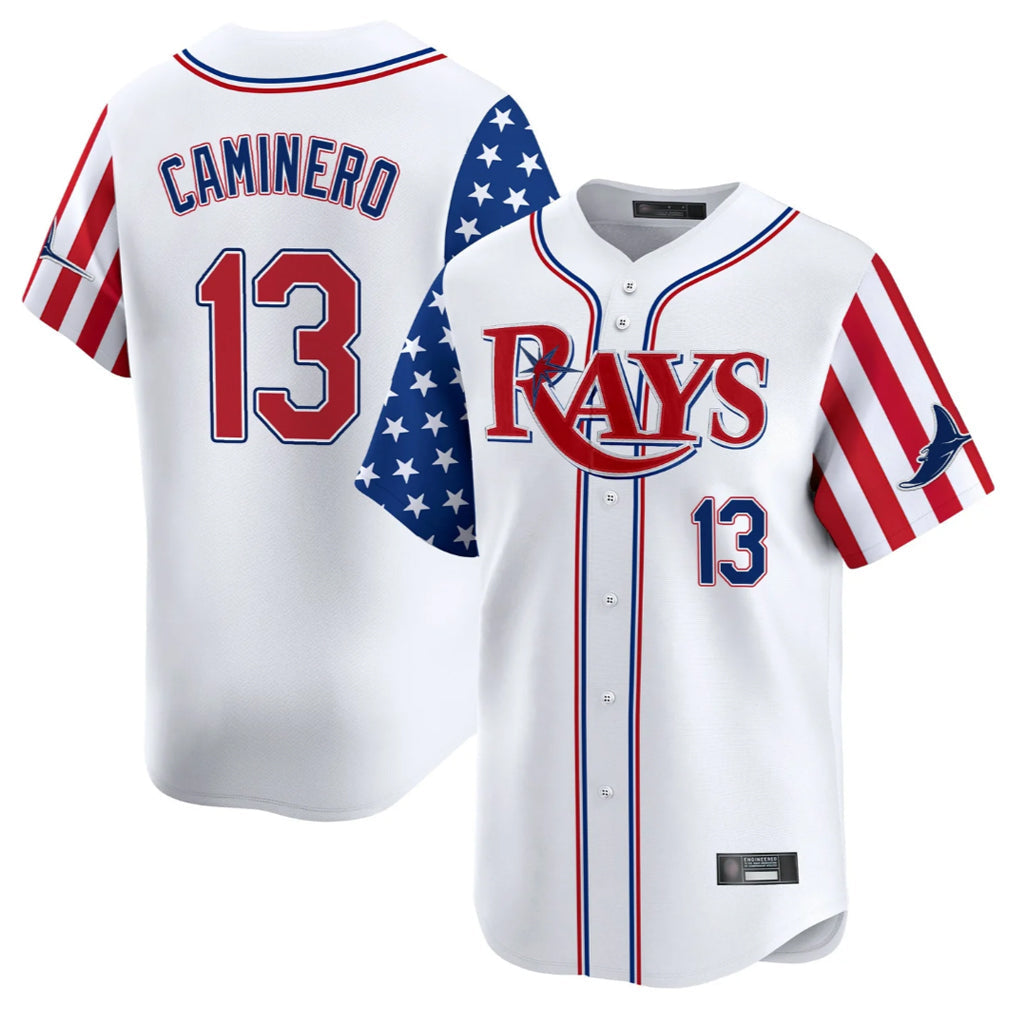 Trusc TB.Rays #13 Junior Caminero Player White 2025 Independence Day Vapor Premier Limited Stitched Jerseys