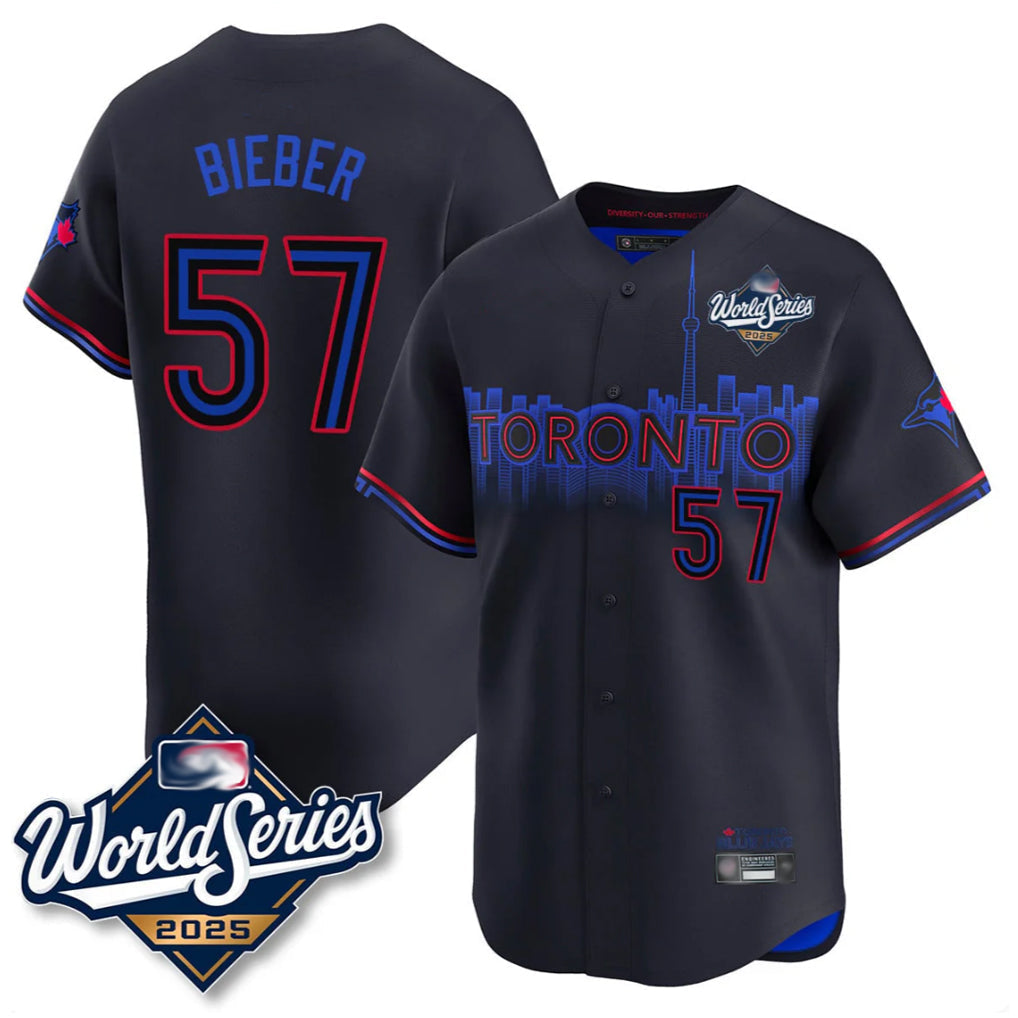 Trusc T.Blue Jays #57 Shane Bieber Player Black 2025 World Series City Connect All Stitched Jerseys