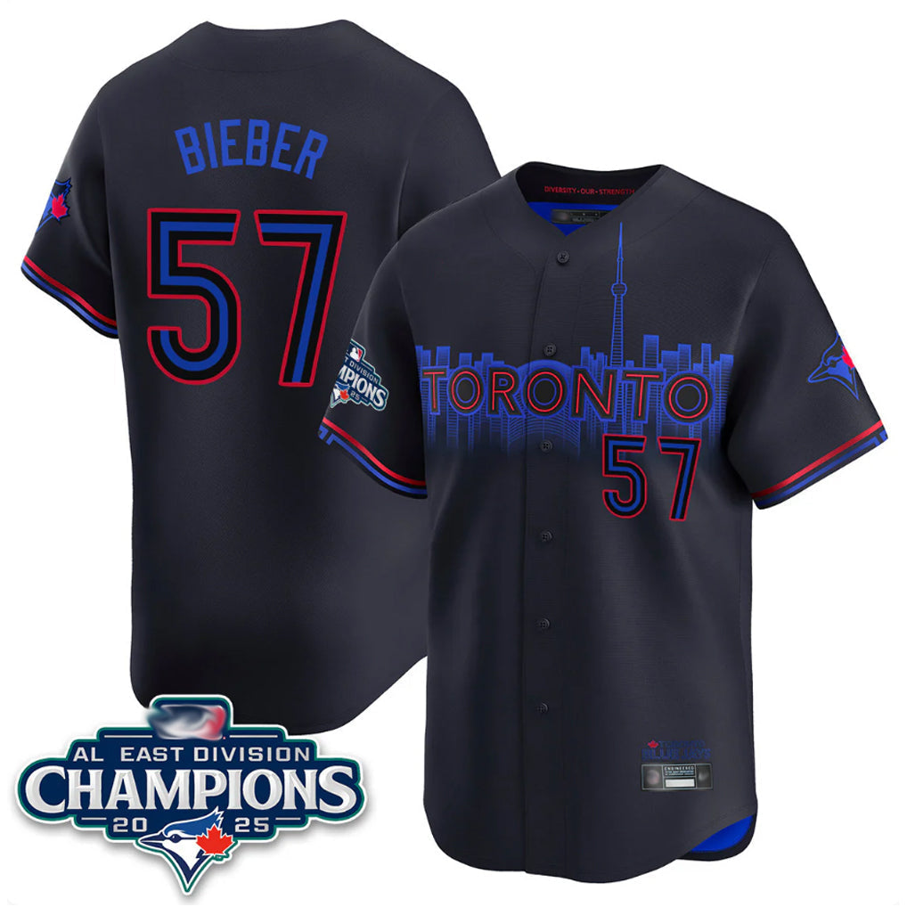 Trusc T.Blue Jays #57 Shane Bieber Player Black AL East Division City Connect Stitched Jerseys