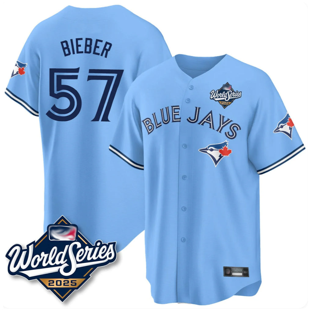Trusc T.Blue Jays #57 Shane Bieber Player Blue 2025 World Series All Stitched Jerseys