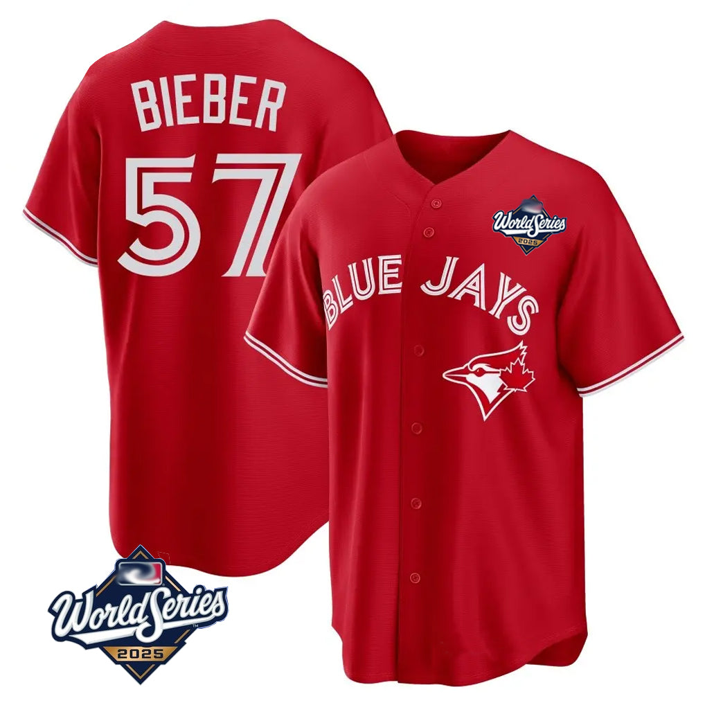 Trusc T.Blue Jays #57 Shane Bieber Player Red 2025 World Series All Stitched Jerseys