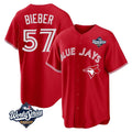 Trusc T.Blue Jays #57 Shane Bieber Player Red 2025 World Series All Stitched Jerseys