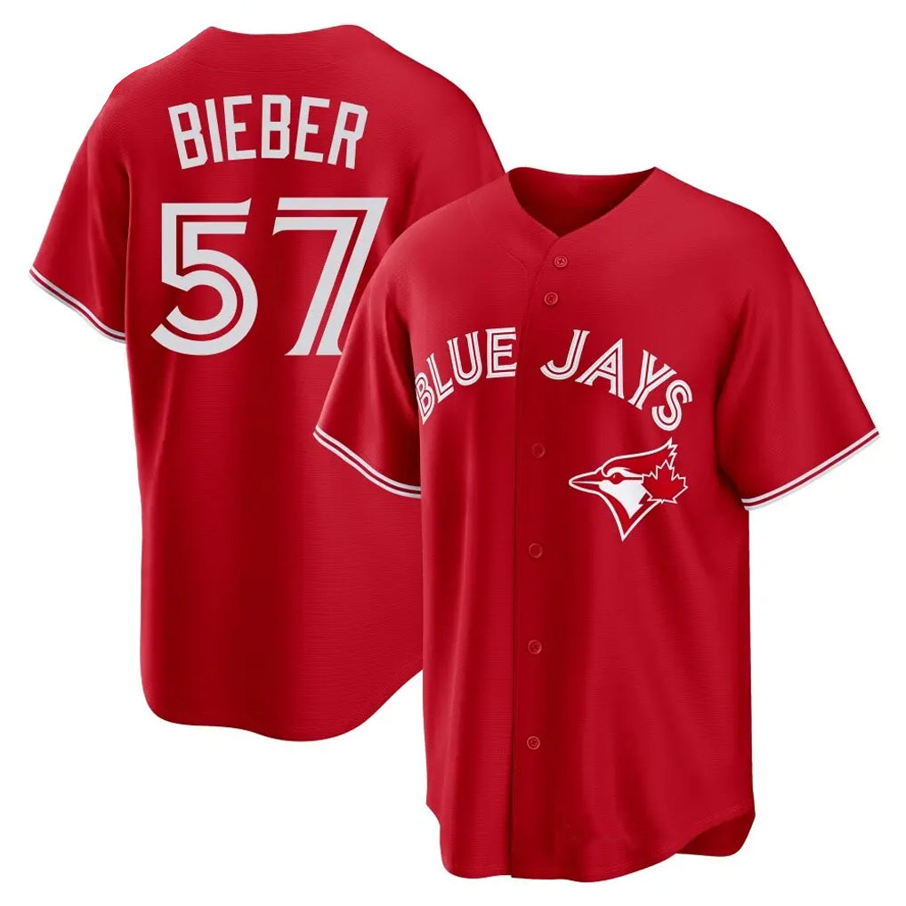 Trusc T.Blue Jays #57 Shane Bieber Player Red Home Stitched Jerseys