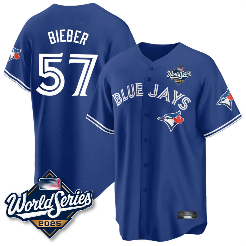 Trusc T.Blue Jays #57 Shane Bieber Player Royal 2025 World Series All Stitched Jerseys
