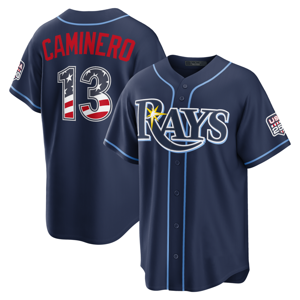 Trusc TB.Rays #13 Junior Caminero Navy USA 250 Fourth of July Road Stadium Jersey