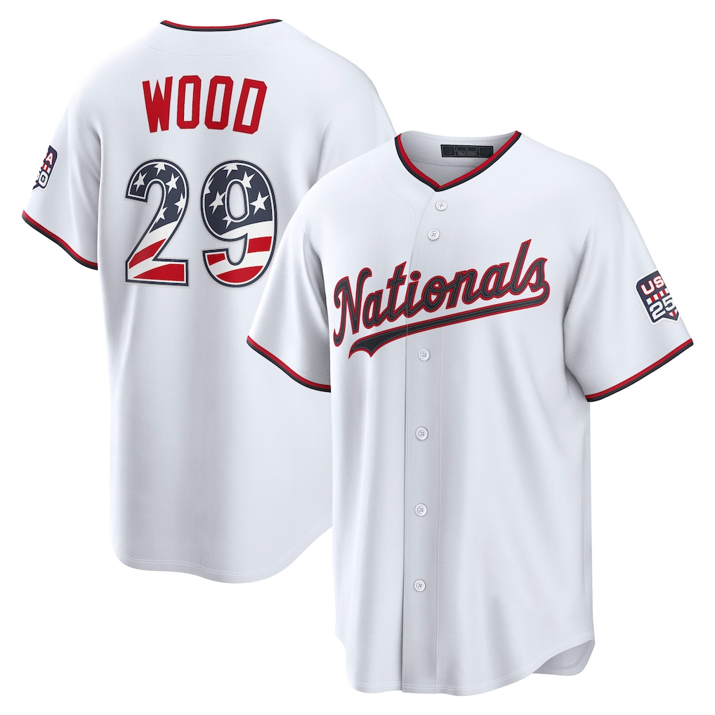 Trusc W.Nationals #29 James Wood White USA 250 Fourth of July Home Stadium Jersey
